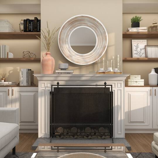 35" Cream Wooden Framed Wall Mirror with White Wash Effect